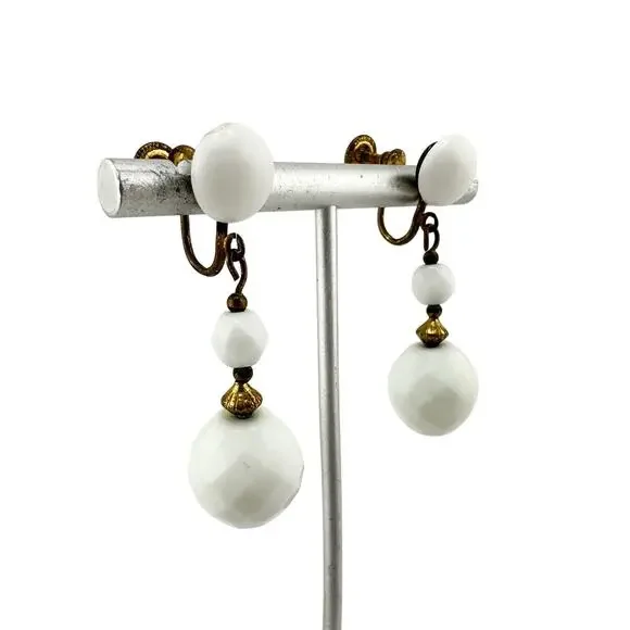 Vintage Milk Glass Gold Tone Beaded Dangle Drop Screw Back 1.75" Earrings - Picture 1 of 4